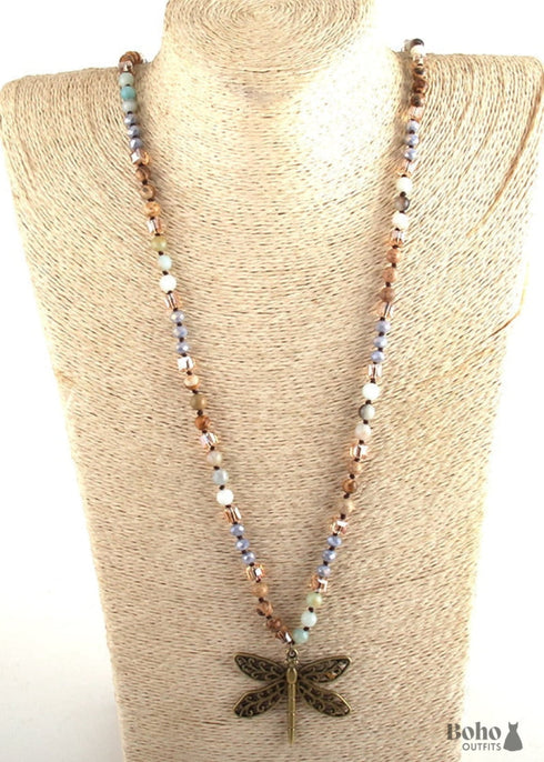 Boho Necklace, RH Amazonite Jasper, Dragonfly Brown Natural Stone
